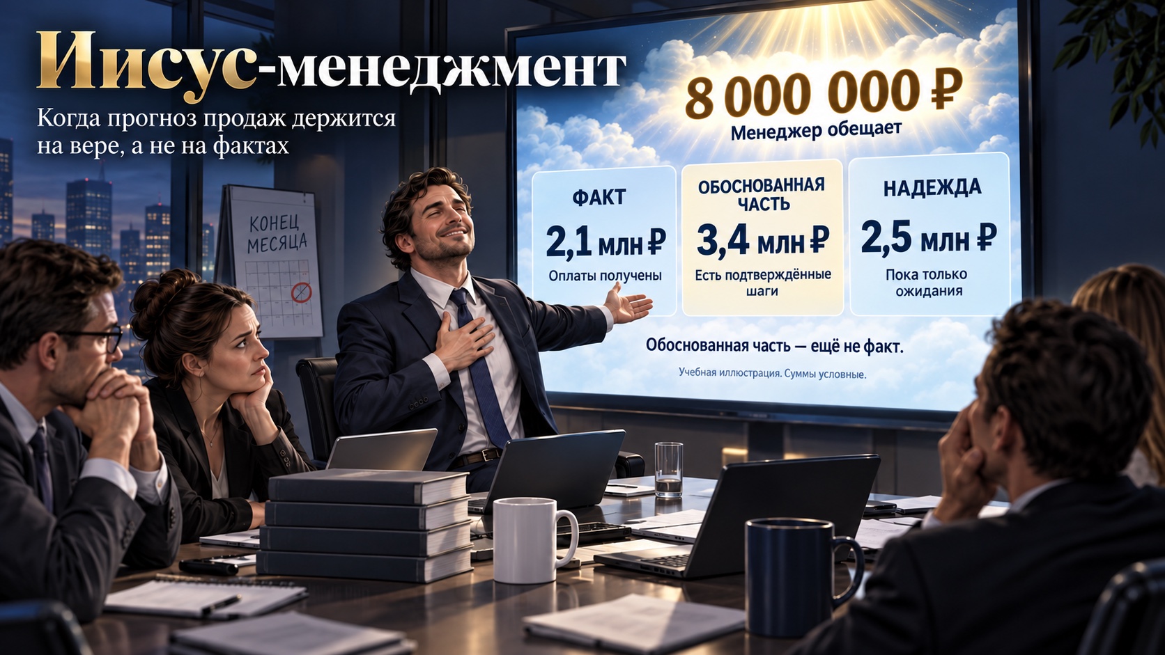 Сатирическая сцена планёрки: менеджер обещает восемь миллионов, а на экране сумма разделена на факт, обоснованную часть и надежду.